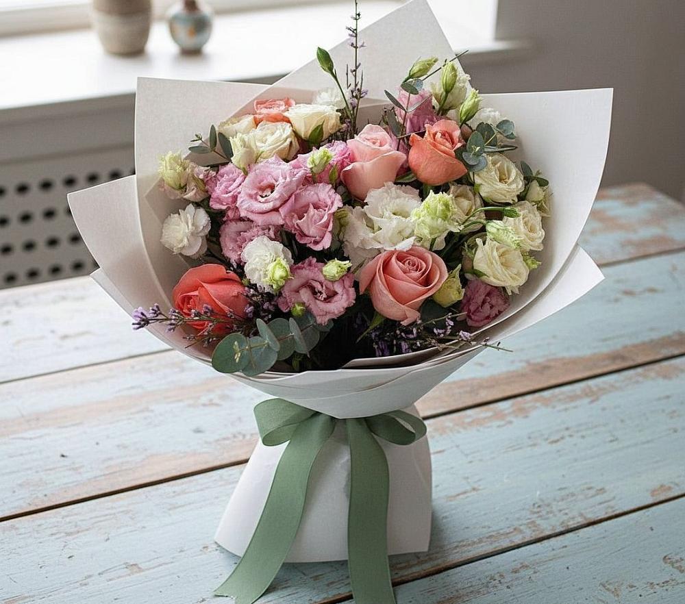 Букет цветов из: Розы, Лизиантусы и Гвоздики в Петровской