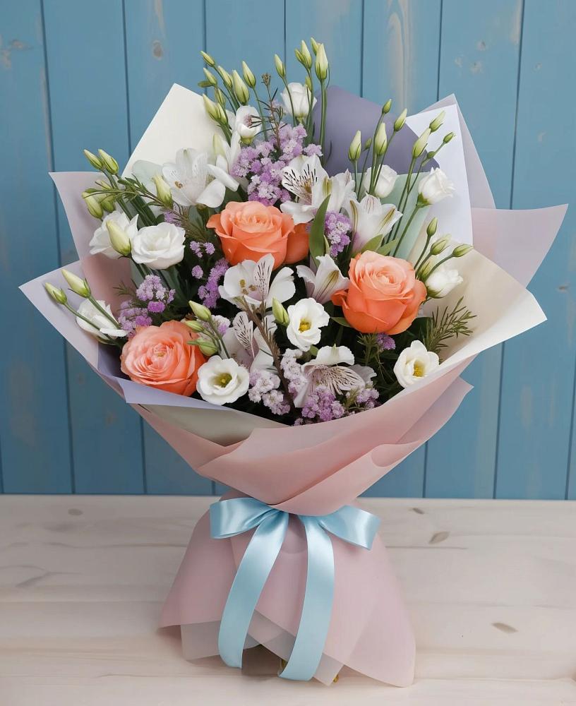 Букет цветов из: Лизиантусы, Розы, Альстромерии и Гипсофила в Петровской