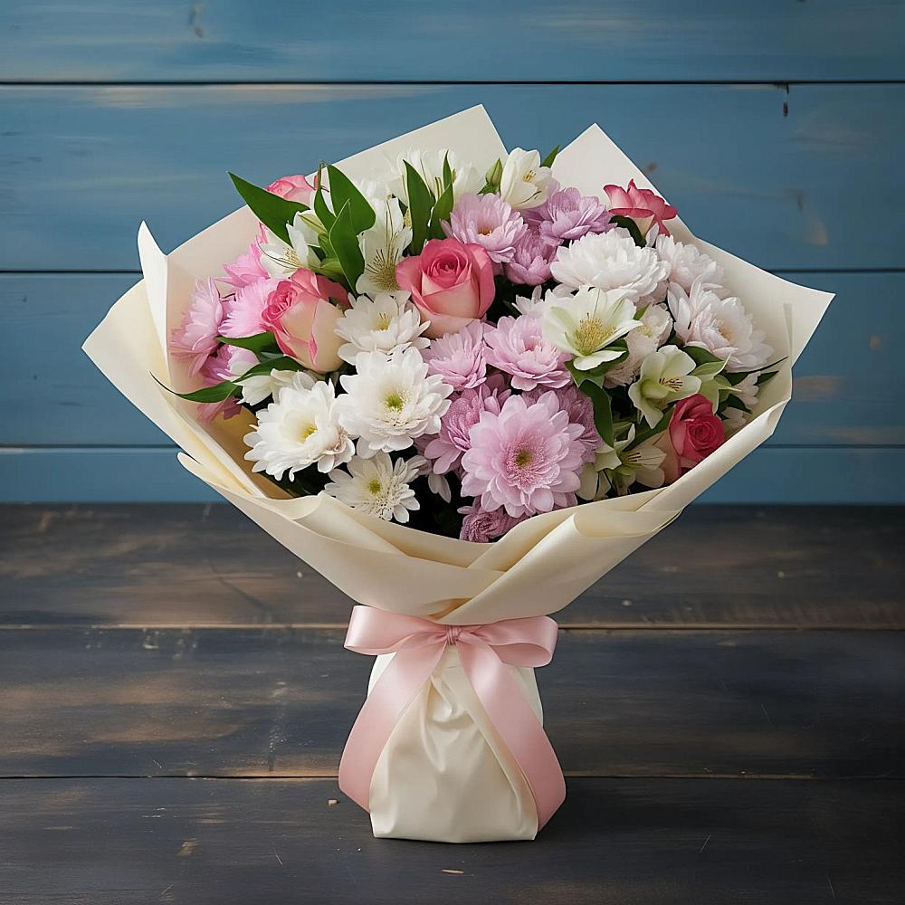 Букет цветов из: Хризантемы, Альстромерии и Розы в Петровской